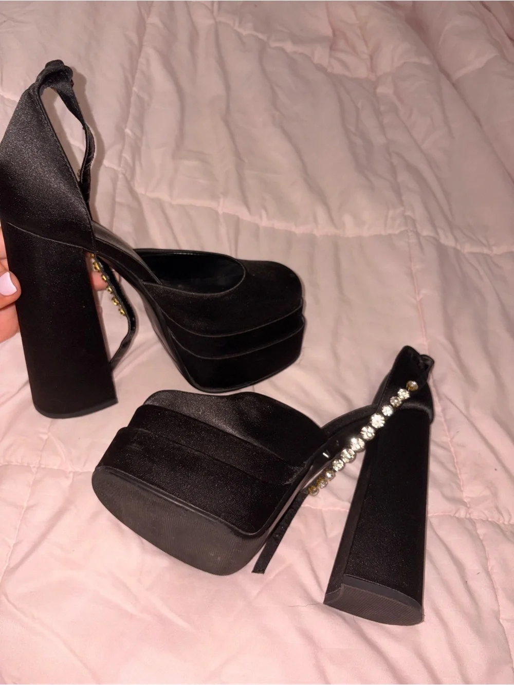 Versace Black Satin Platform Heels with Crystal Strap